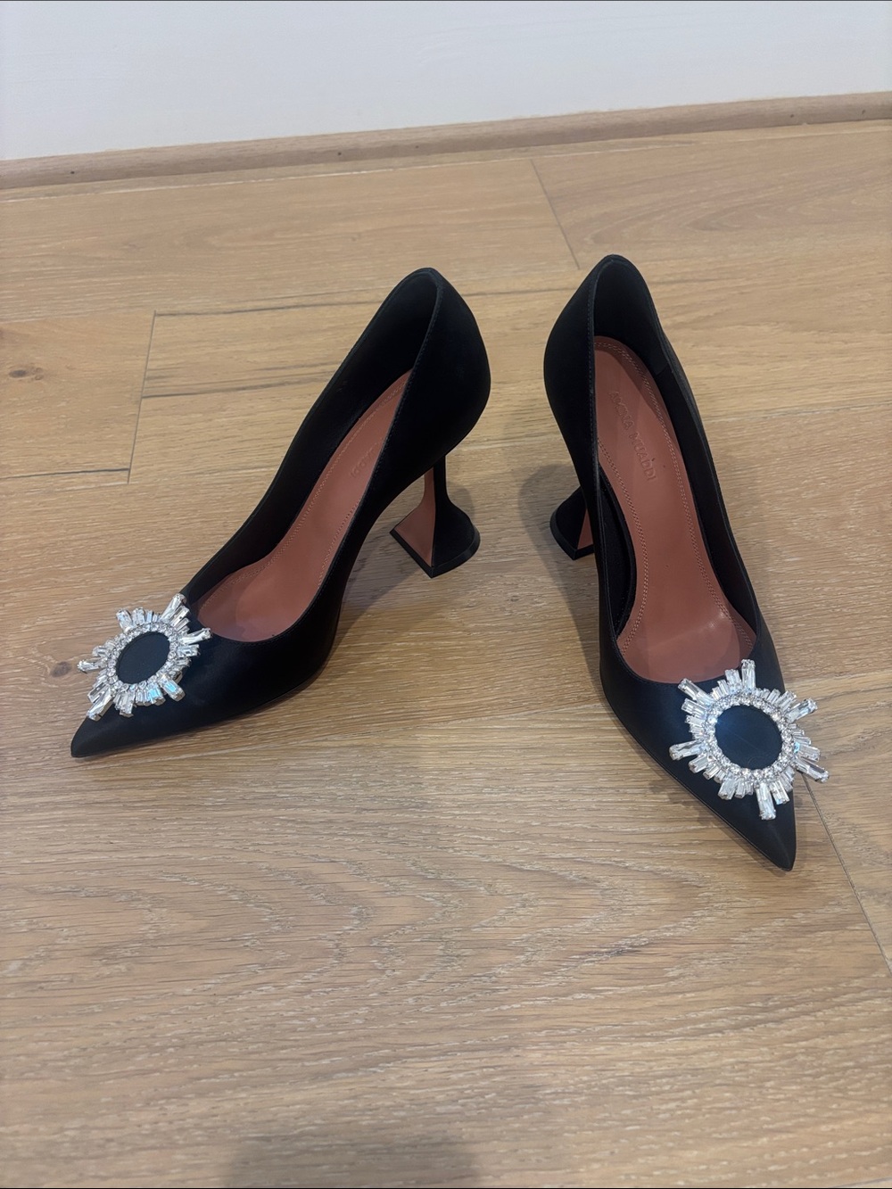 Amina Muaddi Black Satin Begum Pointed Toe Heels with Crystal Brooch 36